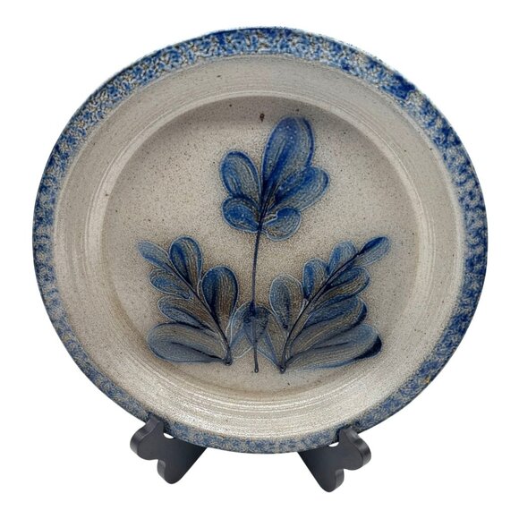 Vintage Eldreth Pottery 1989 Floral Design Plate Salt Glazed Handmade Blue Gray - Picture 1 of 4